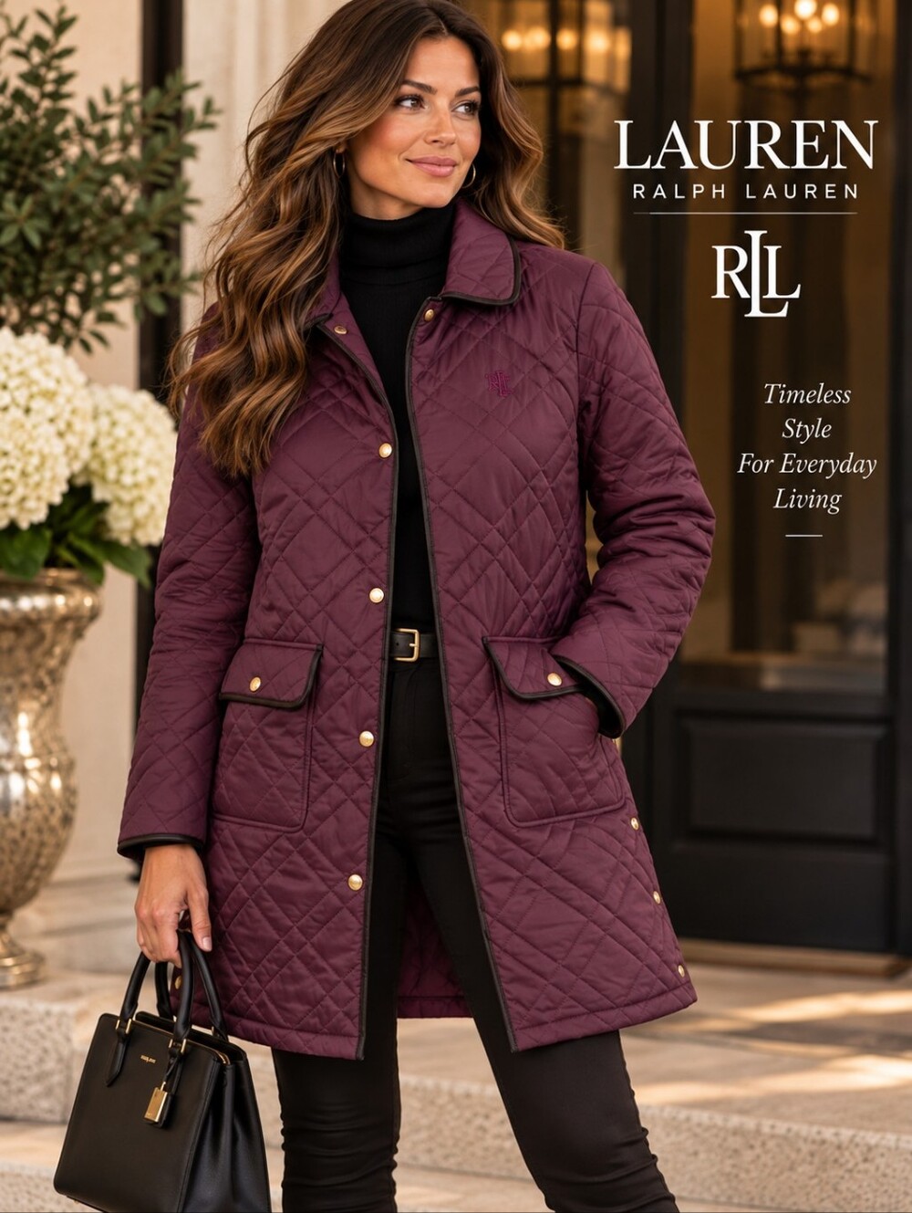 Lauren Ralph Lauren Burgundy Quilted Barn Jacket Faux Leather Trim XS